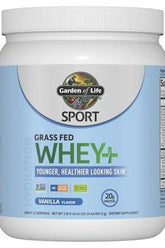 Garden of Life Sport Grass Fed Whey+ protein powder in vanilla for skin health and recovery.